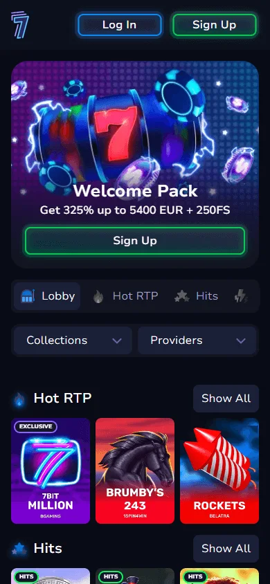 7BitCasino mobile home screen